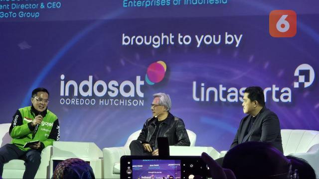 CEO NVIDIA Jensen Huang bersama CEO GOTO Patrick Walujo dan Menteri BUMN Erick Thohir di acara Indonesia AI Day 2024. Liputan6.com/Agustin Setyo Wardani