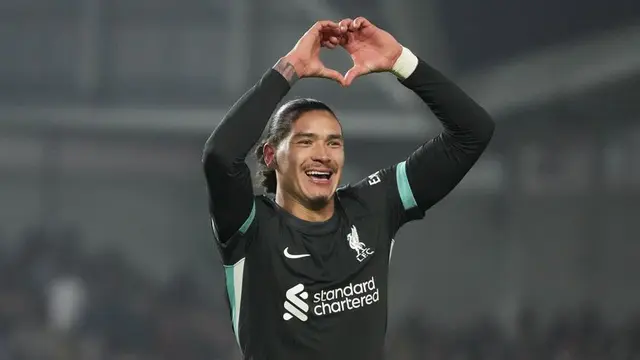 Selebrasi Darwin Nunez usai membobol gawang Brentford, Sabtu (18/1/2025) (c) AP Photo/Kirsty Wigglesworth