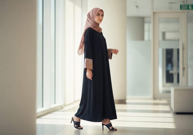 Abaya Minimalis dengan Hijab Senada dan Heels