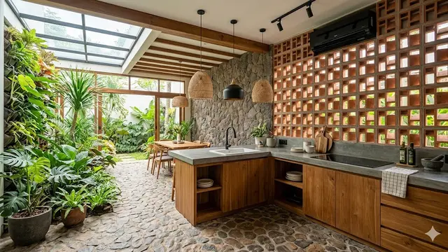 Desain Dapur Bergaya Tropis Modern Kombinasi Roster dan Batu Alam