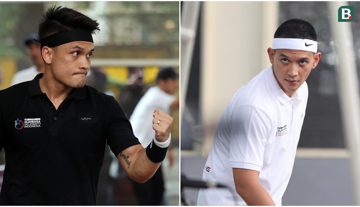 <p>Foto kolase ekspresi artis yang sekaligus atlet MMA, Randy Pangalila (kiri) saat bertanding melawan Rezky Aditya (kanan) dalam pertandingan tenis tunggal putra Turnamen Olahraga Selebriti Indonesia yang berlangsung di Gelanggang Olahraga UNJ, Rawamangun, Jakarta Timur, Sabtu (29/7/2023). (Bola.com/Abdul Aziz)</p>