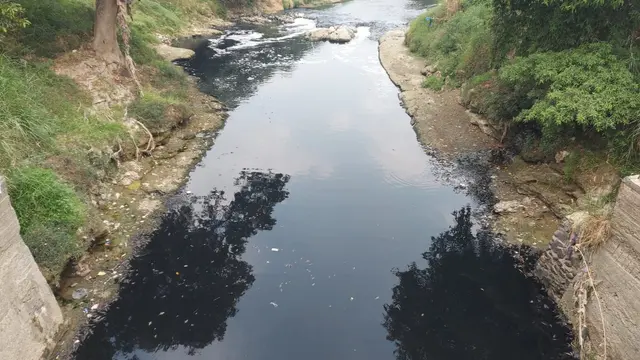 Air Sungai Cileungsi, Kecamatan di Kabupaten Bogor, Jawa Barat, semakin menghitam dan bau busuk.