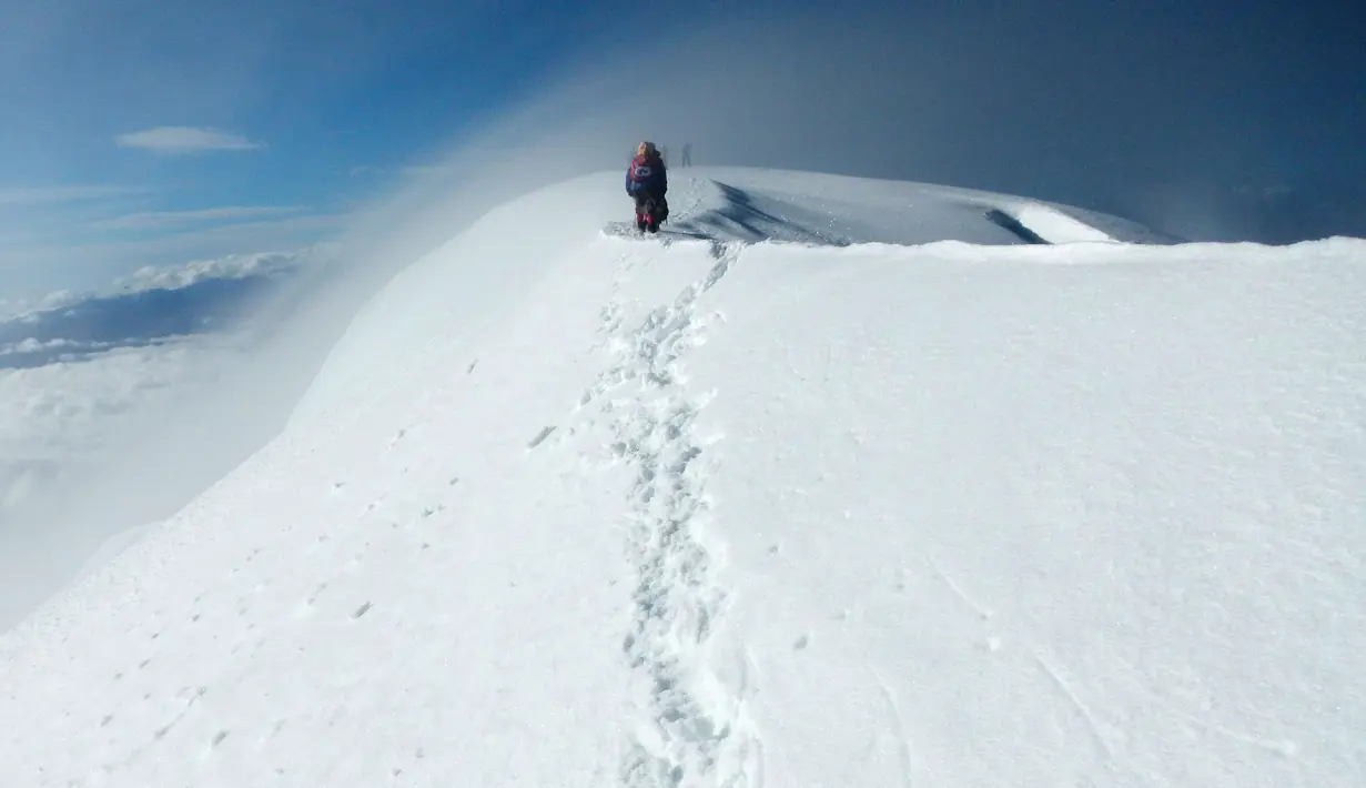 Perempuan suku Aymara mendaki gunung Illimani, di La Paz, Bolivia, (17/4). Perempuan suku Aymara yang berprofesi sebagai tukang masak dan angkut barang atau porter ini selalu mengenakan pakaian tradisional. (REUTERS/David Mercado)