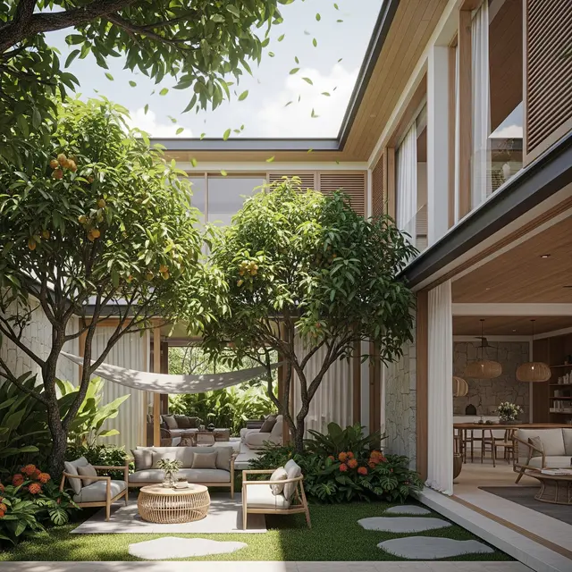 Desain Rumah Sejuk dengan Kebun Buah Campuran dan Area Santai (Gemini AI)