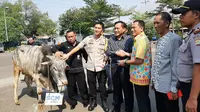 PT Surya Citra Media (SCM) menyerahkan hewan kurban di depan lobi studio 5 Indosiar Daan Mogot, Jakarta, Kamis (8/8/2019).(Liputan6.com/ Yopi Makdori)
