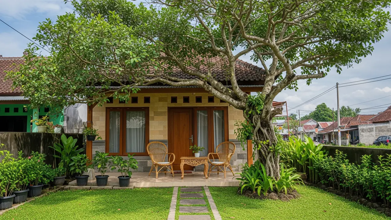 Model Rumah dengan Teras Mini dan 1 Pohon Rindang