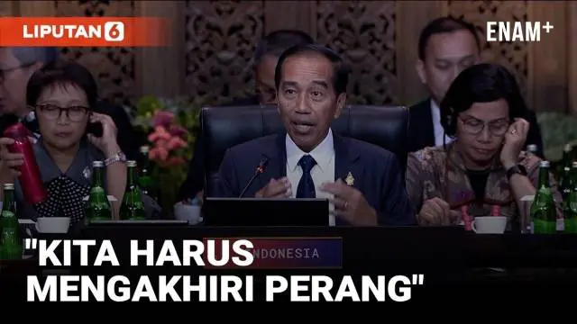 Presiden Joko Widodo menyampaikan pidatonya dalam pembukaan Konferensi Tingkat Tinggi ata KTT G20 di Bali. Jokowi mengajak untuk mengakhiri perang agar dunia bisa terus bergerak maju.