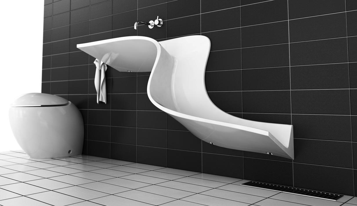 Wastafel Abisko ini tidak membutuhkan saluran pembuangan air yang biasanya terletak di bawah wastafel, namun wastafel ini memiliki design melengkung yang akan membawa limbah air ke tempat pembuangan dilantai tersebut. (bad-guy.wand-und-beet.de)