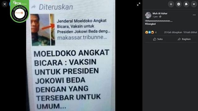 Gambar Tangkapan Layar Klaim Moeldoko Menyebut Vaksin untuk Presiden Jokowi Berbeda dengan yang Tersebar di Masyarakat (sumber: Facebook)