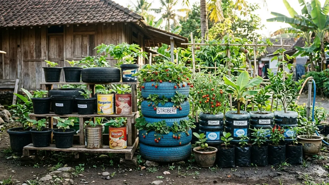 Konsep Kebun Buah Mini Low Budget dari Barang Bekas Kreatif. AI