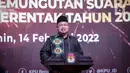 Ketua KPU RI Ilham Saputra memberikan sambutan saat peluncuran Hari Pemungutan Suara Pemilu Serentak Tahun 2024 di Gedung KPU, Jakarta, Senin (14/2/2022). KPU RI menetapkan Rabu 14 Februari 2024 sebagai hari dan tanggal untuk pemungutan suara pada Pemilu Serentak 2024. (Liputan6.com/Faizal Fanani)