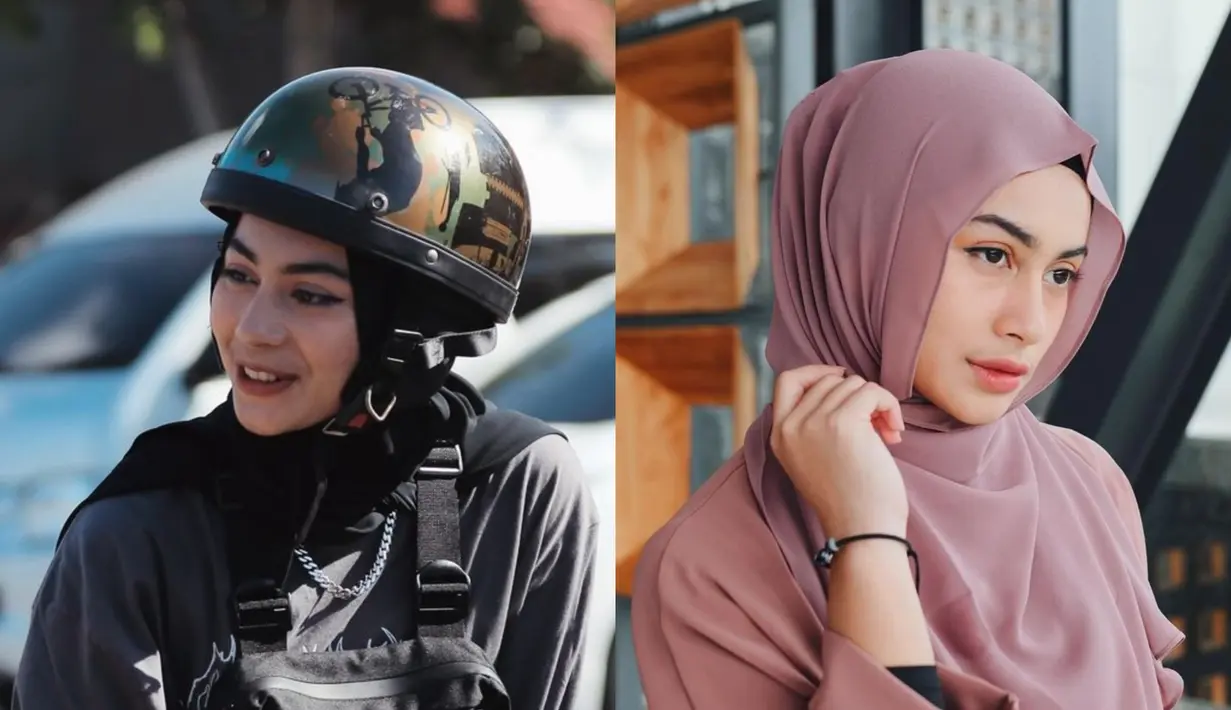 Sebagai anak motor, Sintya Marisca dikenal dengan gayanya yang tomboy. Namun penampilannya berubah drastis saat ia kenakan hijab. [@sintyamarisca]