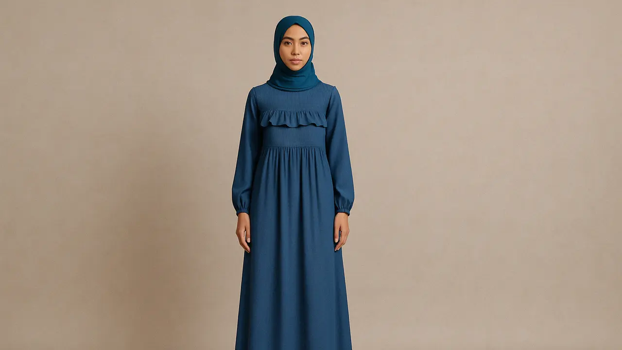 Gamis Empire Waist yang Cocok untuk Menyamarkan Perut (Foto: Rizka Nur Laily via ChatGPT)