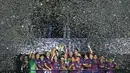 Selebrasi juara pemain Barcelona usai mengalahkan Juventus di pentas Liga Champions dengan skor 3-1. (REUTERS/ Darren Staples)