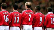 David Beckham (nomor tujuh) saat masih berseragam Manchester United). Dari kiri ke kanan: Roy Keane, Ryan Giggs, David Beckham, Andy Cole, Dwight Yorke. (Squawka). 