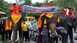 Sejumlah pria menunggangi gajah berkeliling untuk mengingatkan warga agar berpatisipasi dalam referendum pada 7 Agustus mendatang, Thailand, Senin (1/8). (REUTERS / Chaiwat Subprasom)