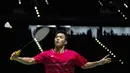 Tunggal putra Indonesia, Jonatan Christie, saat bertanding melawan pemain Thailand, Khosit Phetpradab, di Axiata Arena, Kuala Lumpur, Selasa (29/8/2017). Jonatan Christie menang 21-19, 21-10 atas Khosit Phetpradab. (Bola.com/Vitalis Yogi Trisna)