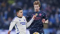 Gelandang Manchester City, Kevin De Bruyne, berhasil mencetak satu gol saat timnya menang 3-1 atas Copenhagen pada laga leg pertama 16 besar Liga Champions di Parken Stadium, Copenhagen, Rabu (14/2/2024) dini hari WIB. (Liselotte Sabroe / Ritzau Scanpix / AFP)