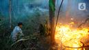 Petugas keamanan memadamkam api yang membakar lahan hutan kota di kawasan Perumahan Batan Indah, Tangerang Selatan, Banten, Senin (9/10/2023). (merdeka.com/Arie Basuki)
