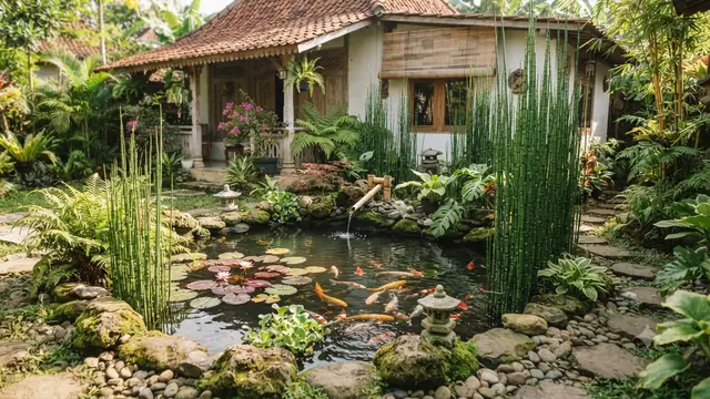 Tanaman air yang cocok untuk kolam mini bergaya Jepang model dengan tanaman ekor kuda