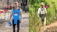 Foto kombinasi mendiang Putri Diana berjalan di ladang ranjau Huambo, Angola, 15 Januari 1997 dan saat putranya Pangeran Harry, mengikuti jejaknya dengan mengunjungi ladang ranjau di Dirico , Angola, 27 September 2019. (AFP Photo/The HALO Trust)