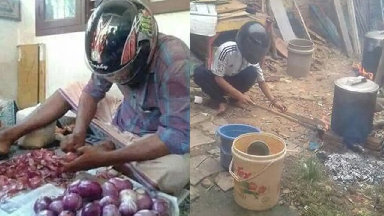 Safety First, Ini 6 Aksi Kocak Bapak-Bapak saat Masak Pakai Helm