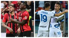 Dua tim sekota, AC Milan dan Inter Milan yang tengah bersaing memperebutkan gelar juara Liga Italia 2021/2022 harus menunggu hingga pekan terakhir untuk menentukan siapa yang layak menggenggam trofi. Keduanya sama-sama meraih kemenangan di pekan ke-37, Minggu (15/5/2022). (Kolase Foto AFP)
