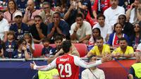 Selebrasi penggawa Arsenal Kai Havertz usai mencetak gol ke gawang Paris Saint-Germain (PSG) pada final Liga Champions 2025/2026 di Puskas Arena, Sabtu (30/5/2026). (AFP/Franck Fife)