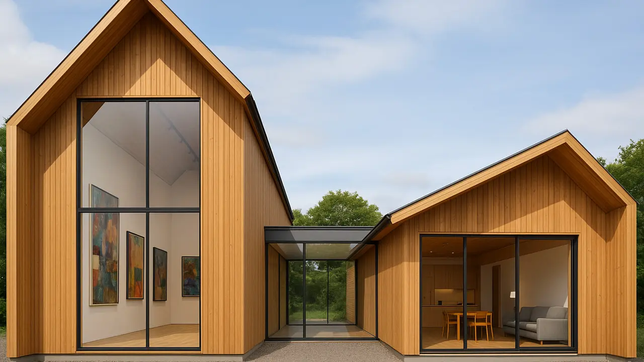 Rumah Kayu Modern Minimalis Leter L dengan Atap Asimetris (Foto: ChatGPT)