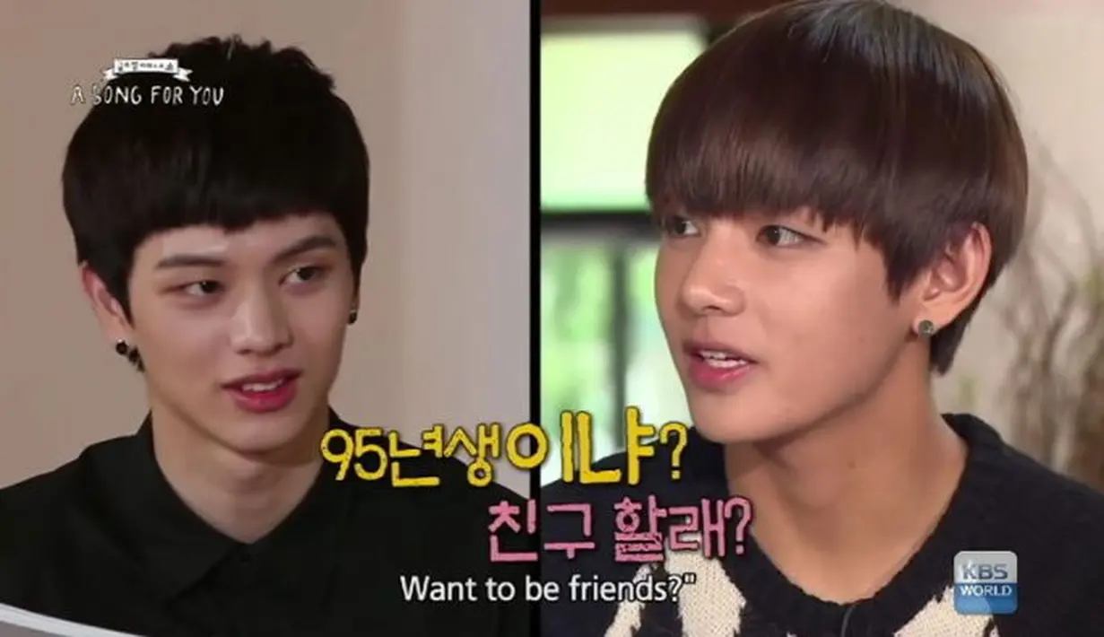Sama seperti Jang Moon Bok, pertemanan V BTS dan Sungjae BTOB bermula saat mereka bertemu di kamar mandi. Saat sedang menunggu di belakang panggung Music Bank, Sungjae bertanya kepada V apakah ia mau berteman. (Foto: koreaboo.com)