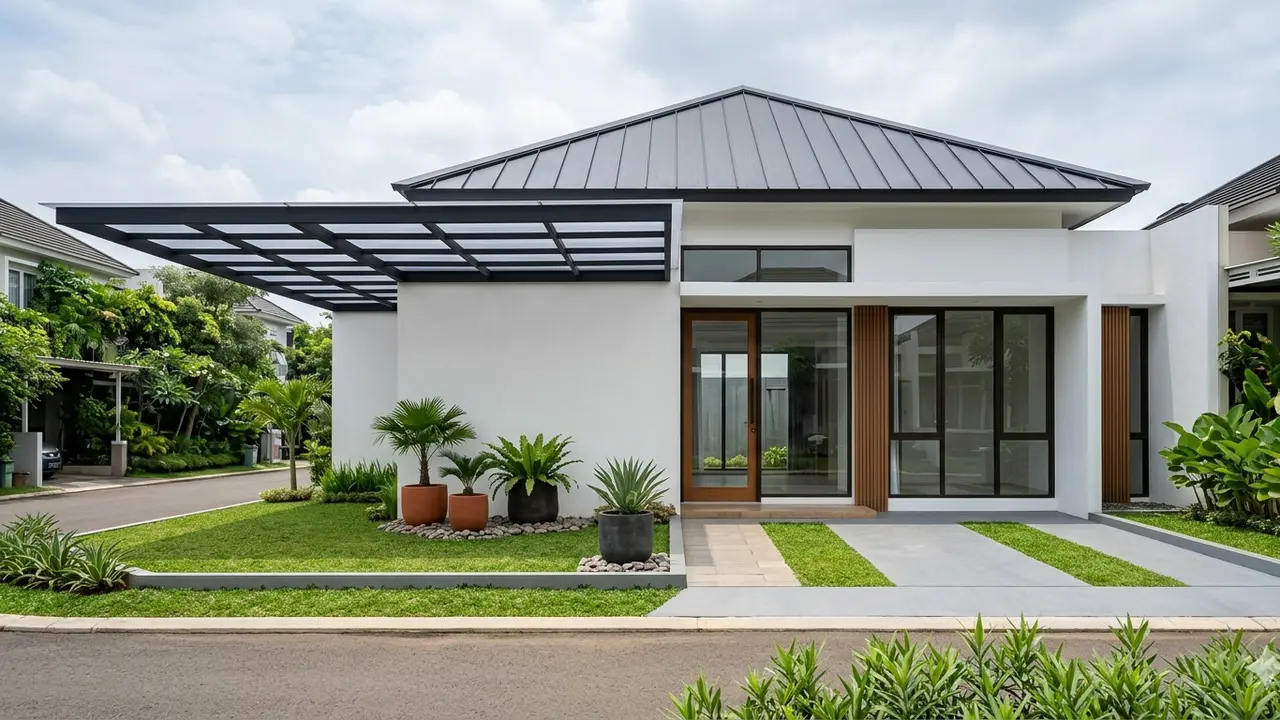 Desain Rumah Kecil 6x10 dengan Taman Depan Mini dan Kanopi. Gemini