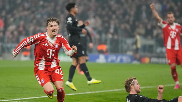 Selebrasi Lennart Karl usai mencetak gol di laga Bayern vs Sporting CP di matchday 6 league phase Liga Champions 2025/2026 di Allianz Arena, Rabu (10/12/2025) dini hari WIB. (AP Photo/Matthias Schrader)