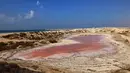Sebuah gambar yang diambil pada 26 Januari 2021 ini menunjukkan danau merah muda di Ras Al Khaimah di Uni Emirat Arab (UEA). Menurut harian Al Khaleej, ukuran danau tersebut memiliki panjang 40 meter dan lebar 10 meter. (GIUSEPPE CACACE/AFP)