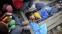 Bocah empat tahun bernama Rashida dari Suriah tidur di sela - sela balok kayu saat mereka menunggu di garis perbatasan Makedonia dan Yunani untuk masuk ke Makedonia, 20 Agustus 2015. (REUTERS/Ognen Teofilovski)