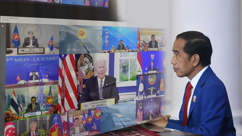 Jokowi menyampaikan tiga harapan terkait hubungan antara ASEAN dengan Amerika Serikat (AS) ke depan dalam pidatonya saat menghadiri KTT ke-9 ASEAN-AS yang digelar secara virtual, Selasa, 26 Oktober 2021.