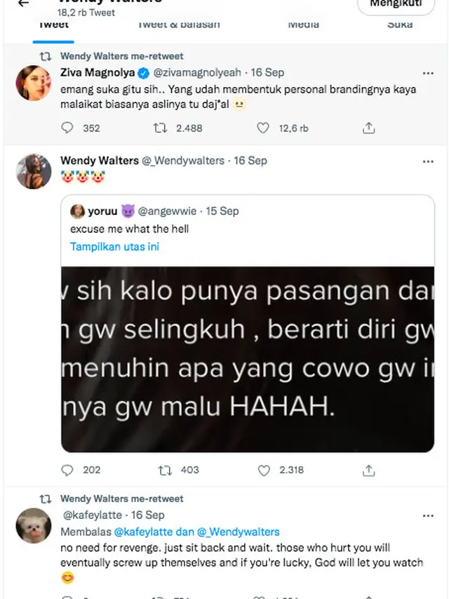 Unggahan Wendy Walters soal Perselingkuhan.