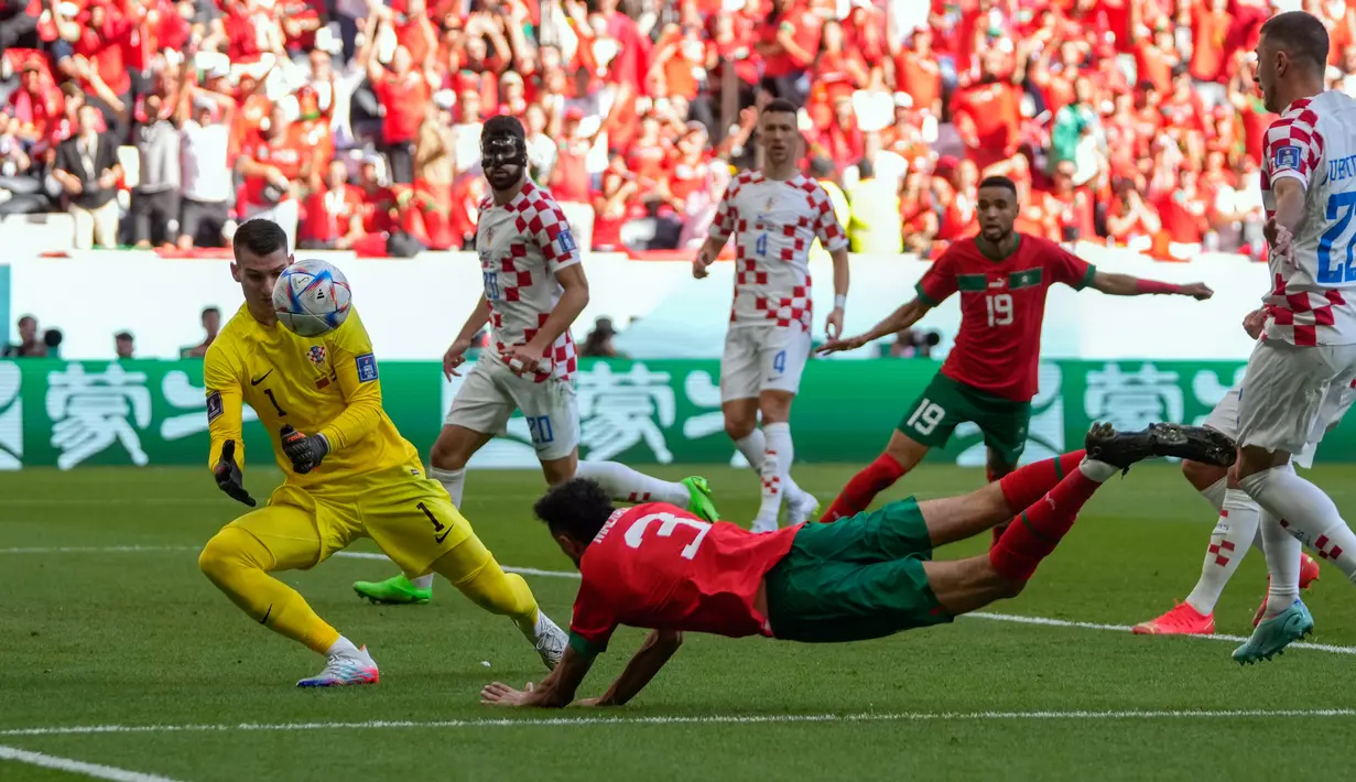 Kiper Kroasia Dominik Livakovic (kiri) berusaha menangkap bola yang disundul pemain Maroko Noussair Mazraoui pada pertandingan sepak bola Grup F Piala Dunia 2022 di Stadion Al Bayt, Al Khor, Qatar, Rabu (23/11/2022). Pertandingan berakhir imbang dengan skor 0-0. (AP Photo/Thanassis Stavrakis)