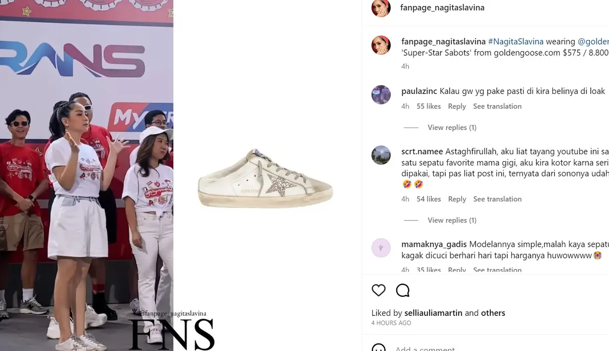 "Modelannya simple,malah kaya sepatu kagak dicuci berhari hari tapi harganya huwowwww," tulis mamaknya_gadis. "Astaghfirullah, aku liat tayang youtube ini salah satu sepatu favorite mama gigi, aku kira kotor karna sering dipakai, tapi pas liat post ini, ternyata dari sononya udah kotor," tulis scrt.namee. [Dream/Instagram/fanpage_nagitaslavina]