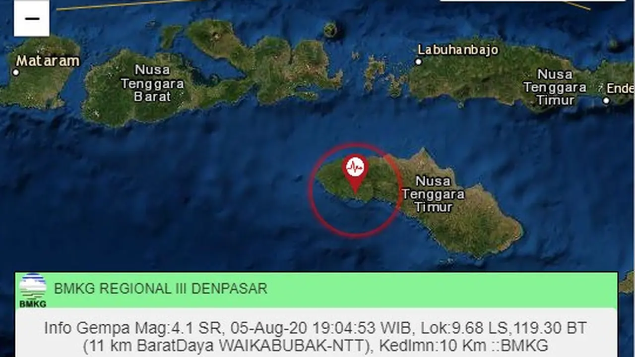 Pulau Sumba Diguncang 2 Kali Gempa, Rabu (5/8/2020). (Foto: Liputan6.com/BMKG)