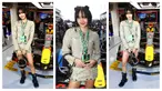Foto kolase gaya Lisa Blackpink saat berfoto dengan mobil Red Bull Racing milik Max Verstappen saat Formula 1 GP Miami 2024 di Miami International Autodrome, Flordia, Amerika Serikat, Minggu (05/05/2024). (AFP/Getty Images/Mark Thompson)