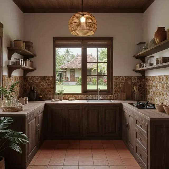 Desain Dapur Kecil Ala Tropis dengan Nuansa Kayu untuk Rumah Desa yang Hangat