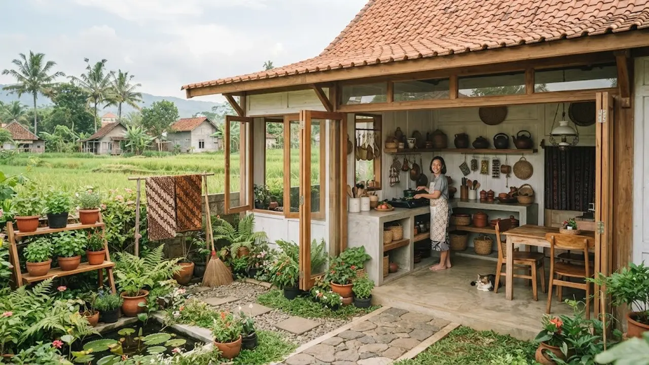 Desain rumah kampung dengan taman kecil di samping yang jadi definisi hunian slow living model taman samping dengan dapur terbuka