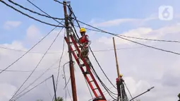 Petugas melakukan pemeliharaan kabel listrik di Jakarta, Sabtu (26/12/2020). PT PLN (Persero) menjamin ketersediaan pasokan listrik sepanjang Natal dan Tahun Baru 2020-2021. (Liputan6.com/Angga Yuniar)