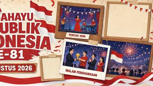 Desain spanduk 17 Agustus 2026 yang kreatif dan belum pernah dibuat model album foto perayaan warga