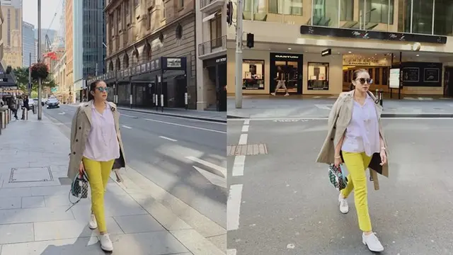 Saat liburan di Sydney, Australia penampilan Momo Geisha terlihat sangat modis.
