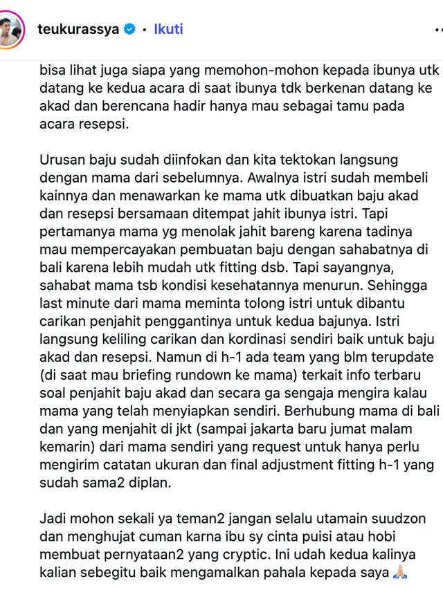 Klarifikasi Teuku Rassya. (Foto: Dok. Instagram @teukurassya)