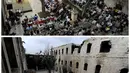 Foto kombinasi menunjukkan halaman Sekolah Al-Sheebani di Kota Tua Aleppo, Suriah sebelum rusak pada 6 Juni 2009 (atas) dan setelah itu rusak 17 Desember 2016. (REUTERS / Omar Sanadiki )