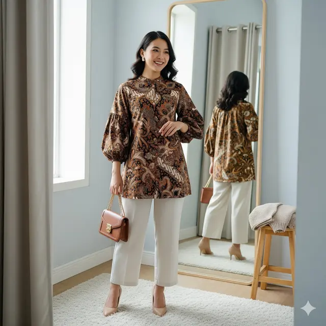Tunik Motif Parang Sogan dengan Kerah Shanghai