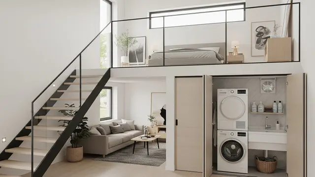 Inspirasi Rumah Kecil Mezzanine dengan Area Laundry Tersembunyi di Bawah Tangga/ Ilustrasi gambar AI