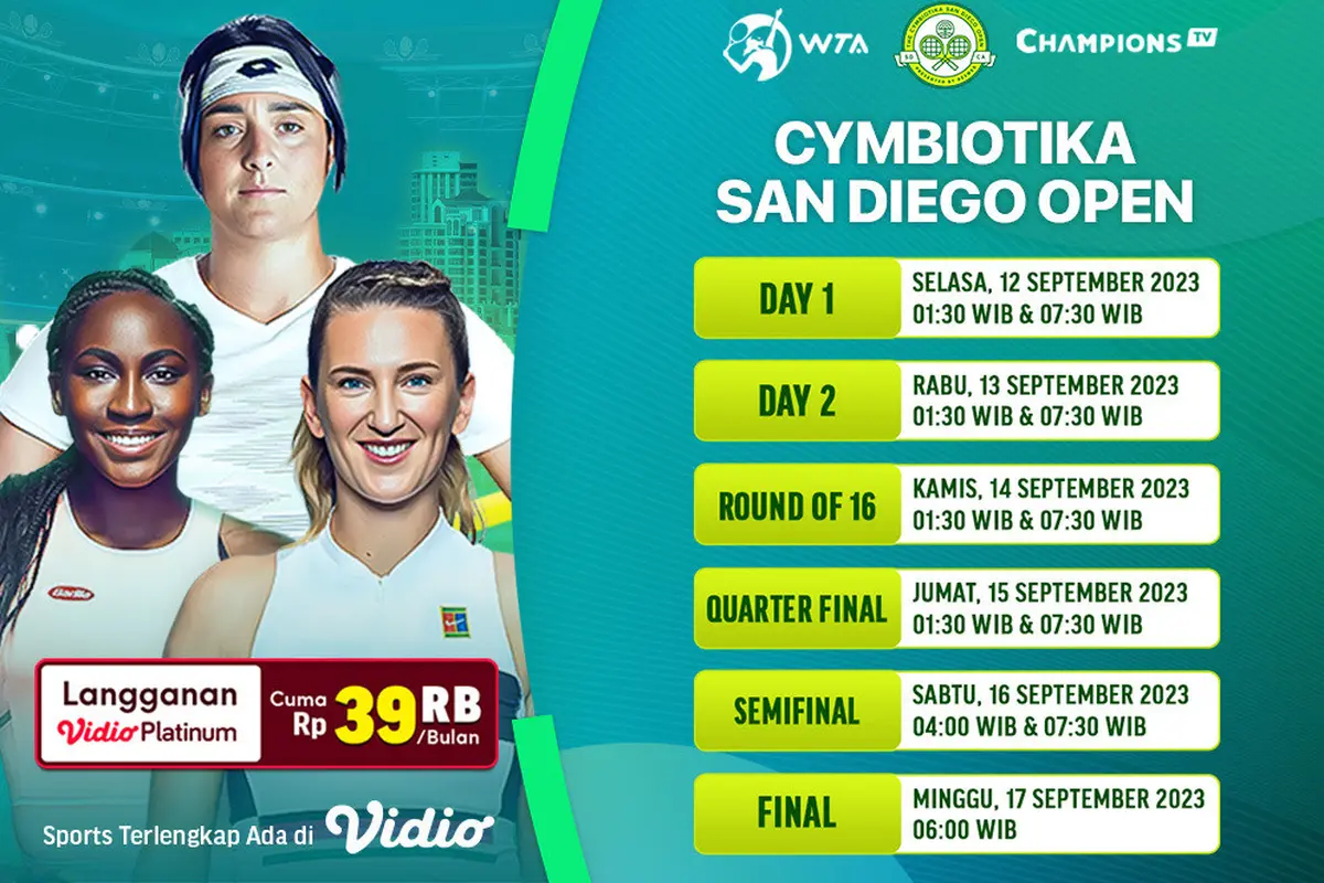 Jadwal Live Streaming WTA 500 Cymbiotika San Diego Open 2023 di Vidio, 12-17 September 2023